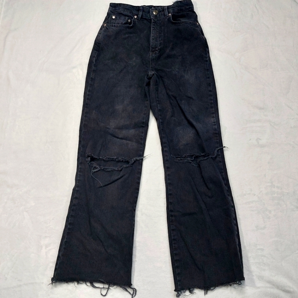 STRADIVARIUS WOMEN'S BLACK DISTRESSED WIDE LEG RAW HEM DENIM JEANS SIZE 4